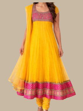Yellow Pink Anarkali Net churidar Set Indian Party wedding haldi beaded desi
